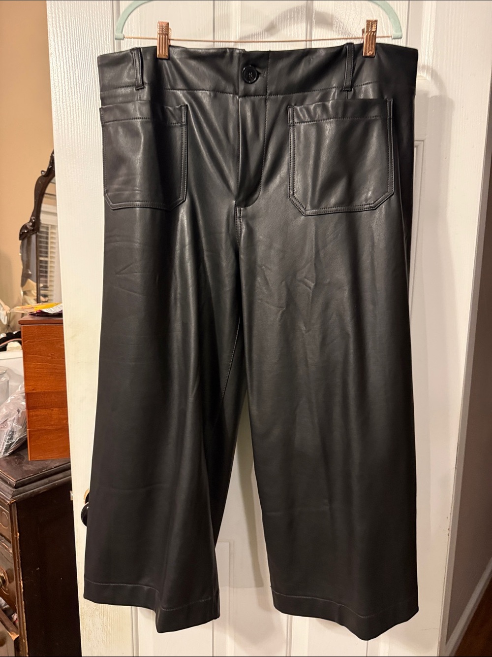 Maeve Black Ankle-Length Faux Leather Wide-Leg Pants